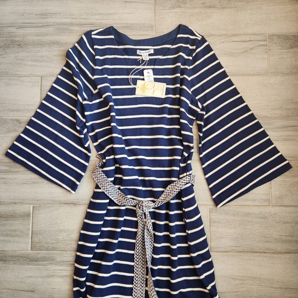 Tommy Bahama Midi Dress XL Navy Blue Cotton Sun Harbor Striped Kaftan New $200 - Picture 2 of 16